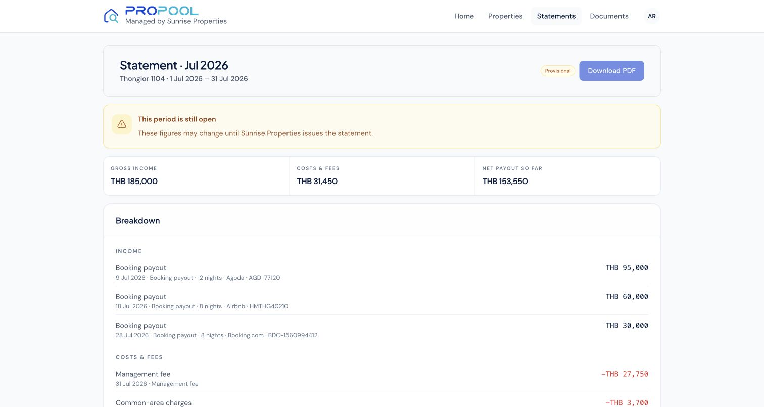Propool owner portal showing a July statement for a Bangkok property: gross THB 185,000, fees THB 31,450, net payout THB 153,550